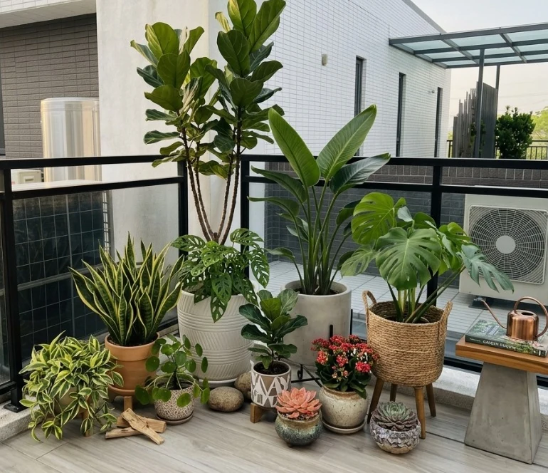 住宅 ｜ 露台自然風大型觀葉植物與編織盆器