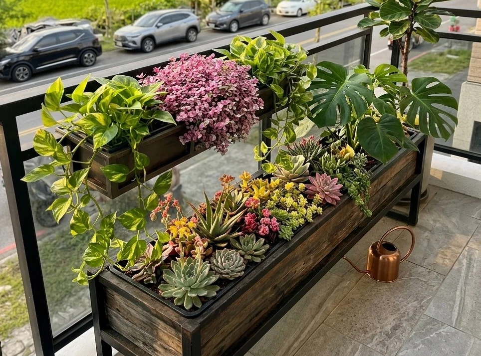 客製木作花槽與欄杆綠化